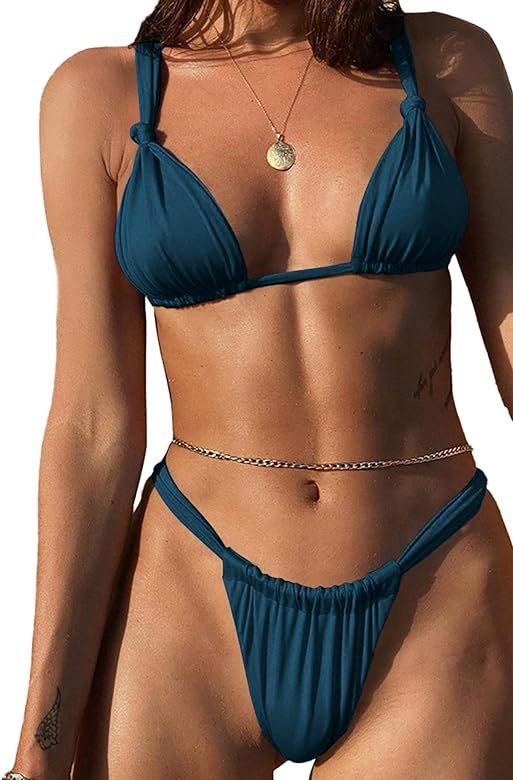 Rooscier Women's Retro Halter Triangle Top Push Up 2 Piece String Bikini Set Swimsuits | Amazon (US)