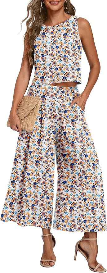 Lepunuo Womens Summer 2 Piece Outfits Sleeveless Crop Top Flowy Wide Leg Pants Matching Sets Vaca... | Amazon (US)