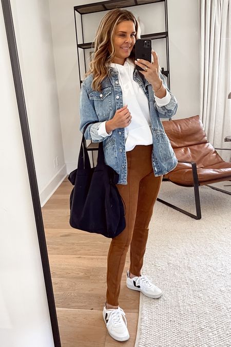Denim shacket Sz XS 
Spanx faux suede leggings Sz up 1 Sz wearing S 
Lulu travel tote with adjustable elastic on sides
Veja Sneakers (push tongue to the side for comfort) 
White hoodie is thisisshoreline.com
Code TAMMY15 
Airport outfit 

#LTKunder100 #LTKstyletip #LTKCyberweek