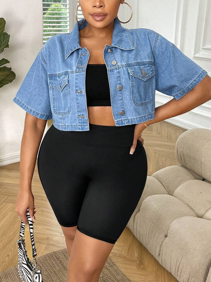 SHEIN Lady Plus Flap Pocket Crop Denim Shirt Without Cami Top | SHEIN