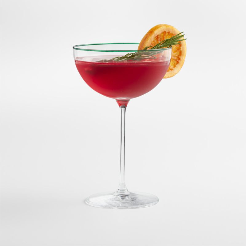 Camille Long-Stem Christmas Champagne Coupe Glass with Green Rim | Crate & Barrel | Crate & Barrel