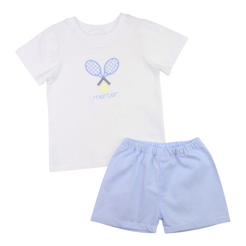 Blue Stripe Embroidered Tennis Short Set | Cecil and Lou