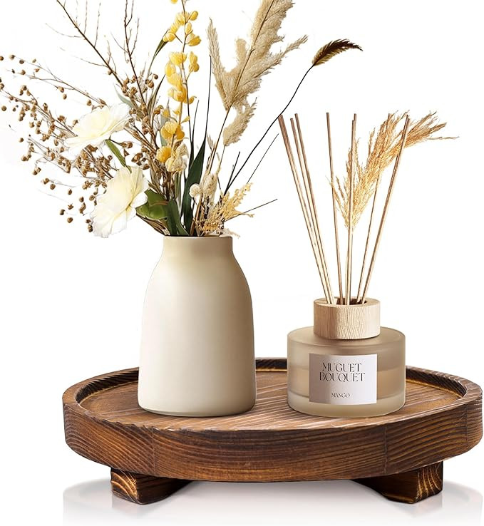 Round Wooden Decorative Tray - Rustic Wood Soap Tray for Kitchen and Bathroom Counter Organizer, ... | Amazon (US)