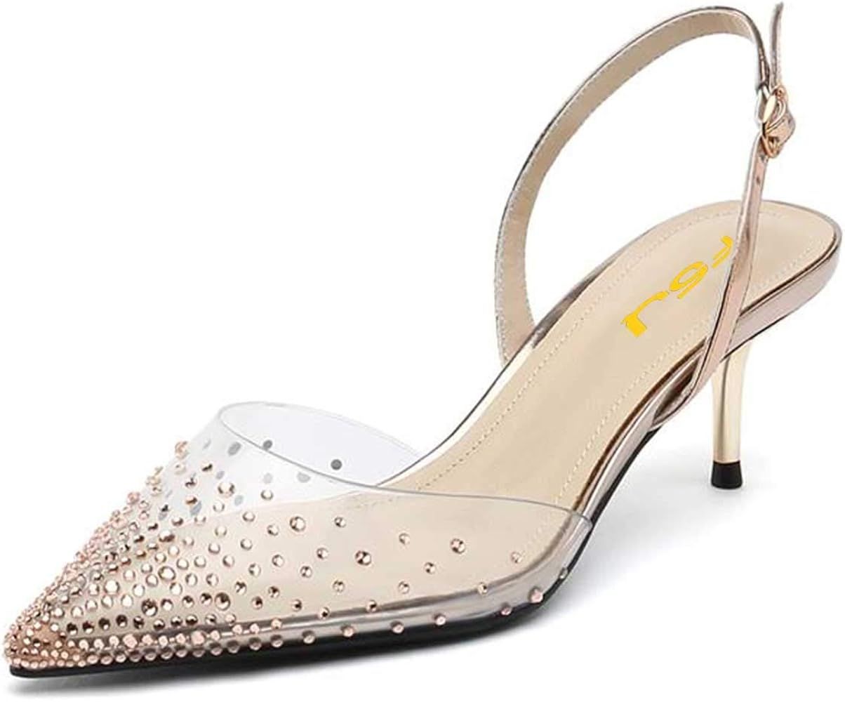 FSJ Women Crystal Studded Clear Pumps Sparkle Rhinestones Mid Low Heel Sandals Slingback D'orsay ... | Amazon (US)