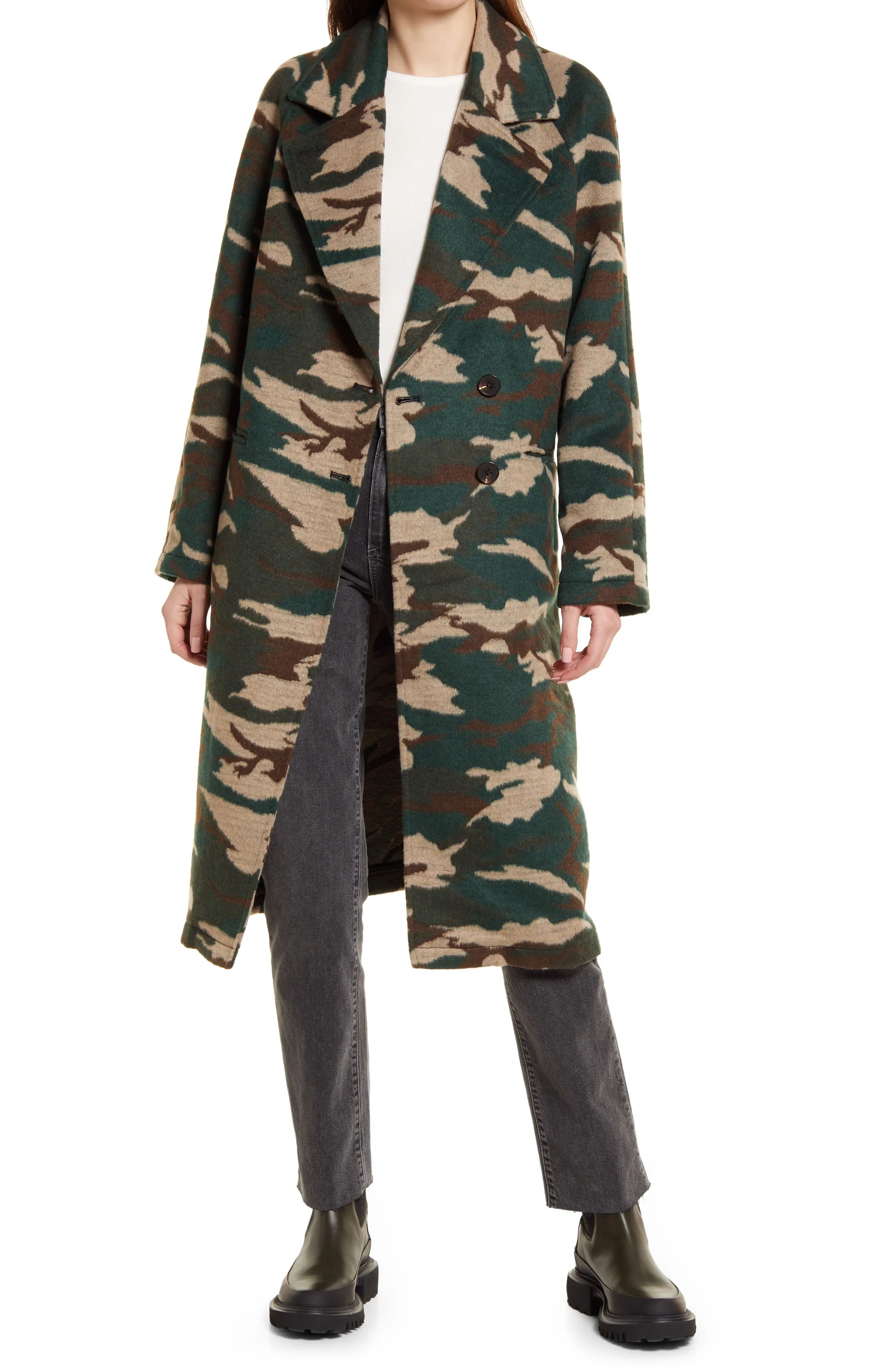 Avec Les Filles Double Faced Jacquard Camo Long Coat at Nordstrom, Size Medium | Nordstrom