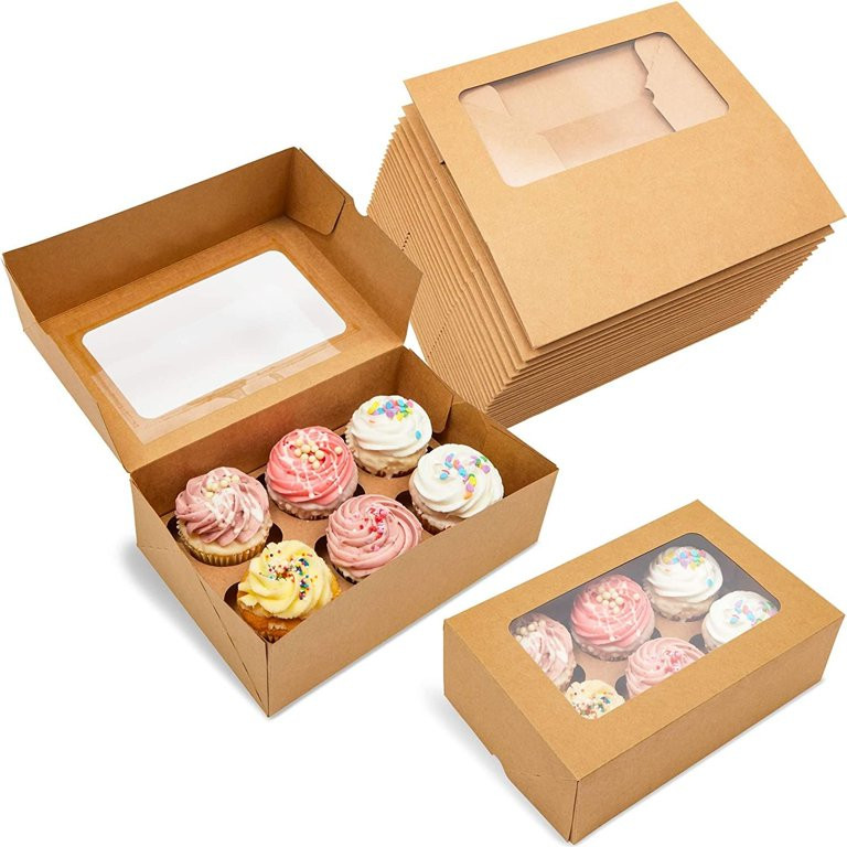 24-Pack Kraft Paper Cupcake Boxes with 6 Inserts, Clear Window Display Containers for Birthday an... | Walmart (US)