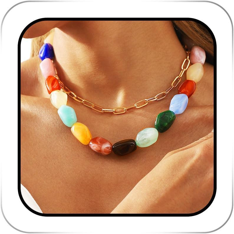 ACEDRE Colorful Gemstone Chunky Choker Necklaces Gold Vintage 2 Layered Chokers Rave Statement Neck Chain for Women | Amazon (US)