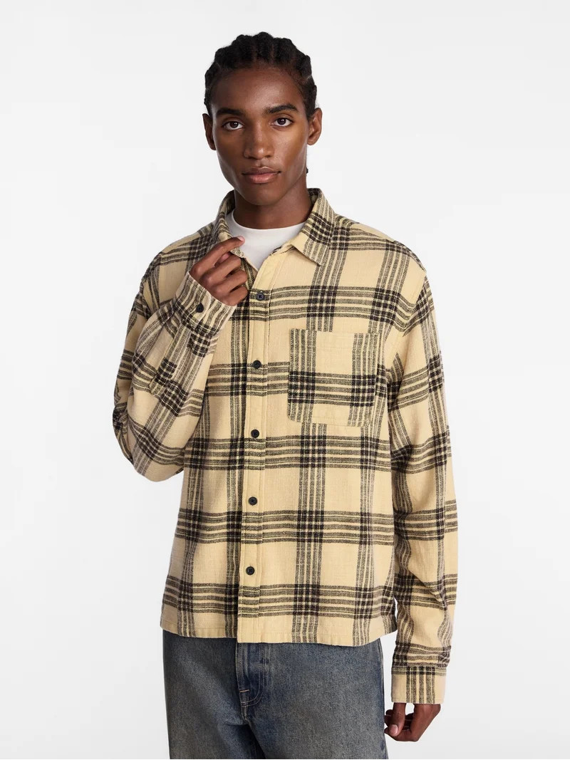 No Boundaries Boxy Fit Grunge Flannel Shirt with Long Sleeves, Men's XS-4XLT | Walmart (US)