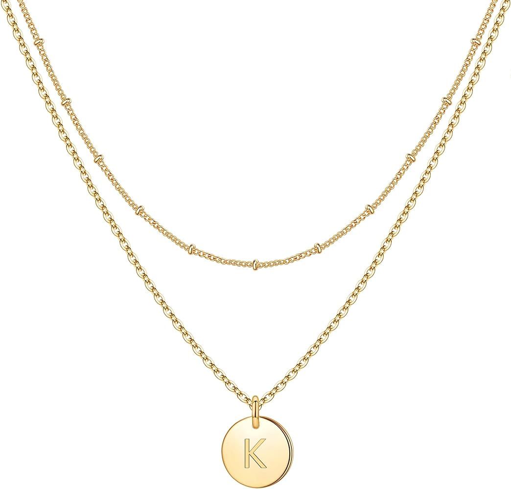 Gold Initial Necklaces for Women,14K Gold Filled Double Side Engraved Hammered Gold Coin Necklaces f | Amazon (US)