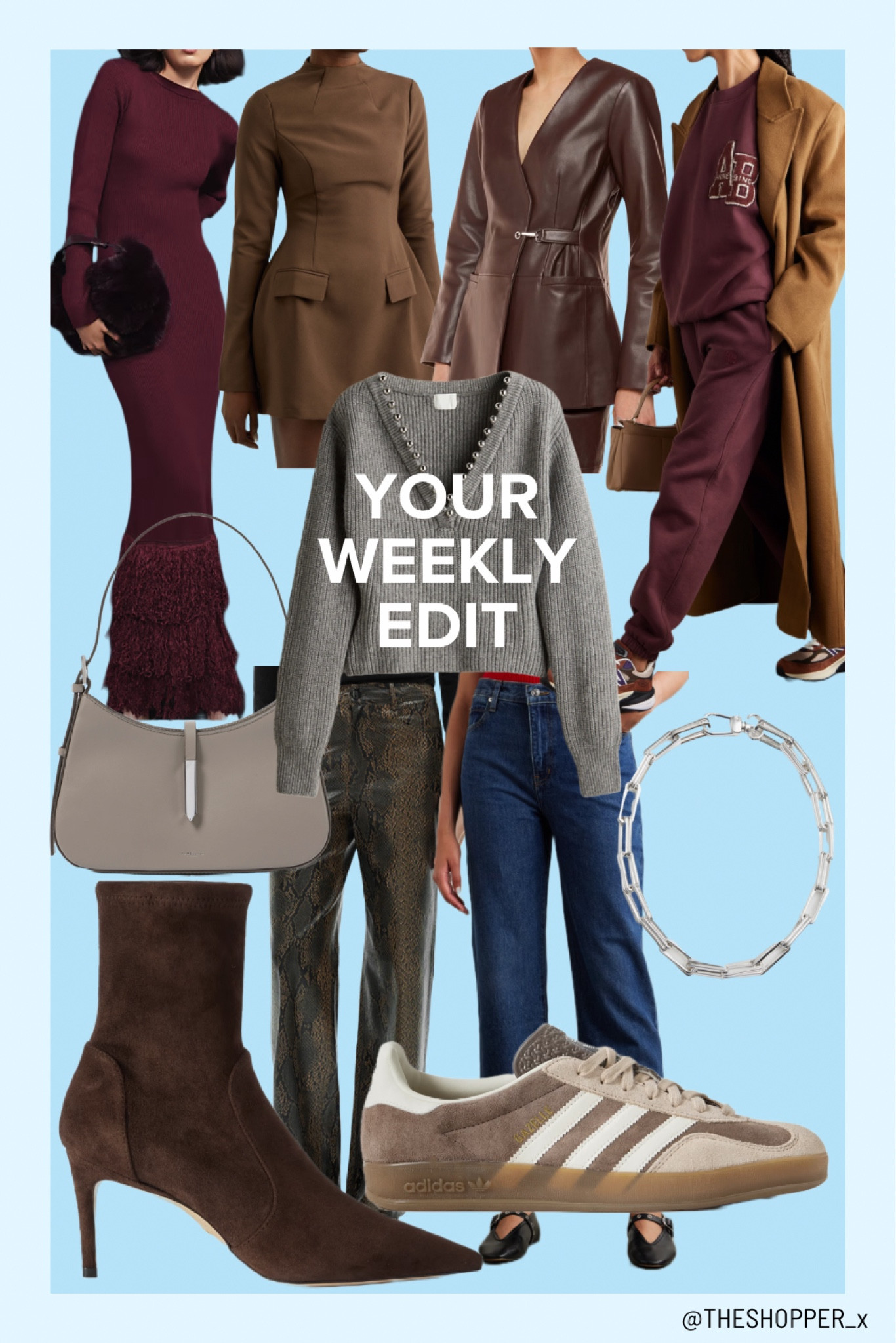 Your Weekly Edit
Bodycon maroon feather maxi dress, leather blazer, mini dress, tracksuit jumper set, leather grey bag, grey knit jumper, silver necklace, brown boots, leather snake trousers, jeans, suede trainers

#LTKuk #LTKautumn #LTKeurope