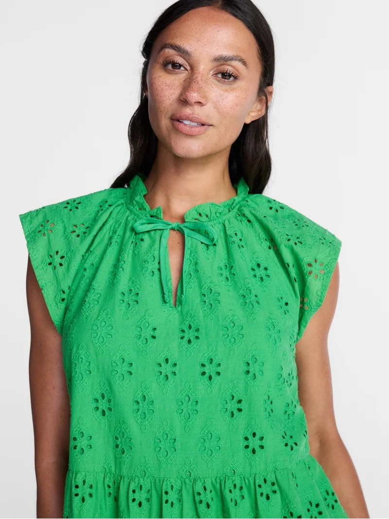 Time and Tru Women's Tiered Cotton Eyelet Mini Dress with Flutter Sleeves, Sizes XS-XXXL | Walmart (US)