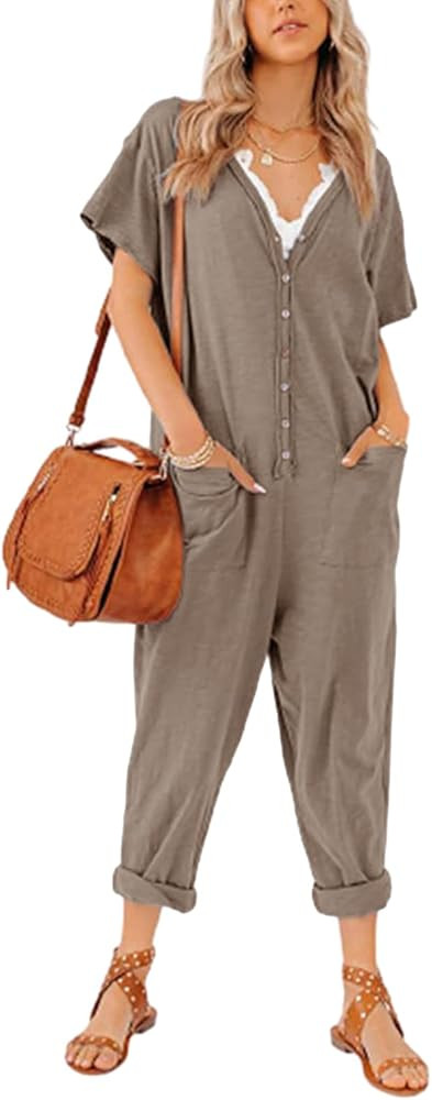 Aoysky Oversize Women's One Piece Button Up Jumpsuit Casual Loose Short Sleeve V Neck Long Pants ... | Amazon (US)