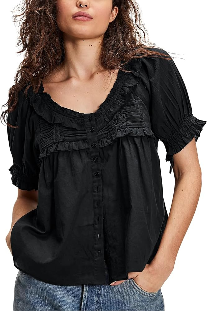 Womens 2025 Summer Trendy Ruffled Top Shapeless Billowy Tunic Swing Blouse with Puff Sleeve | Amazon (US)