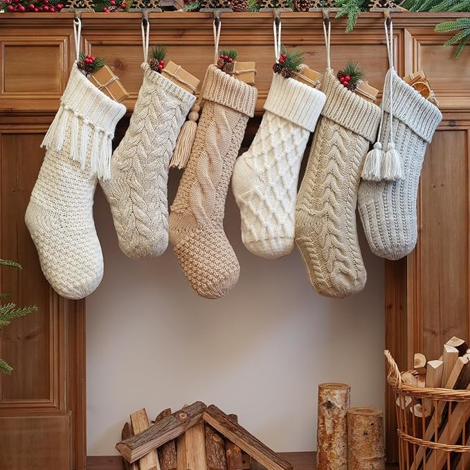 6 Pack Vintage Knit Christmas Stockings – White Beige Apricot Rustic Boho Farmhouse Cable knitt... | Amazon (US)