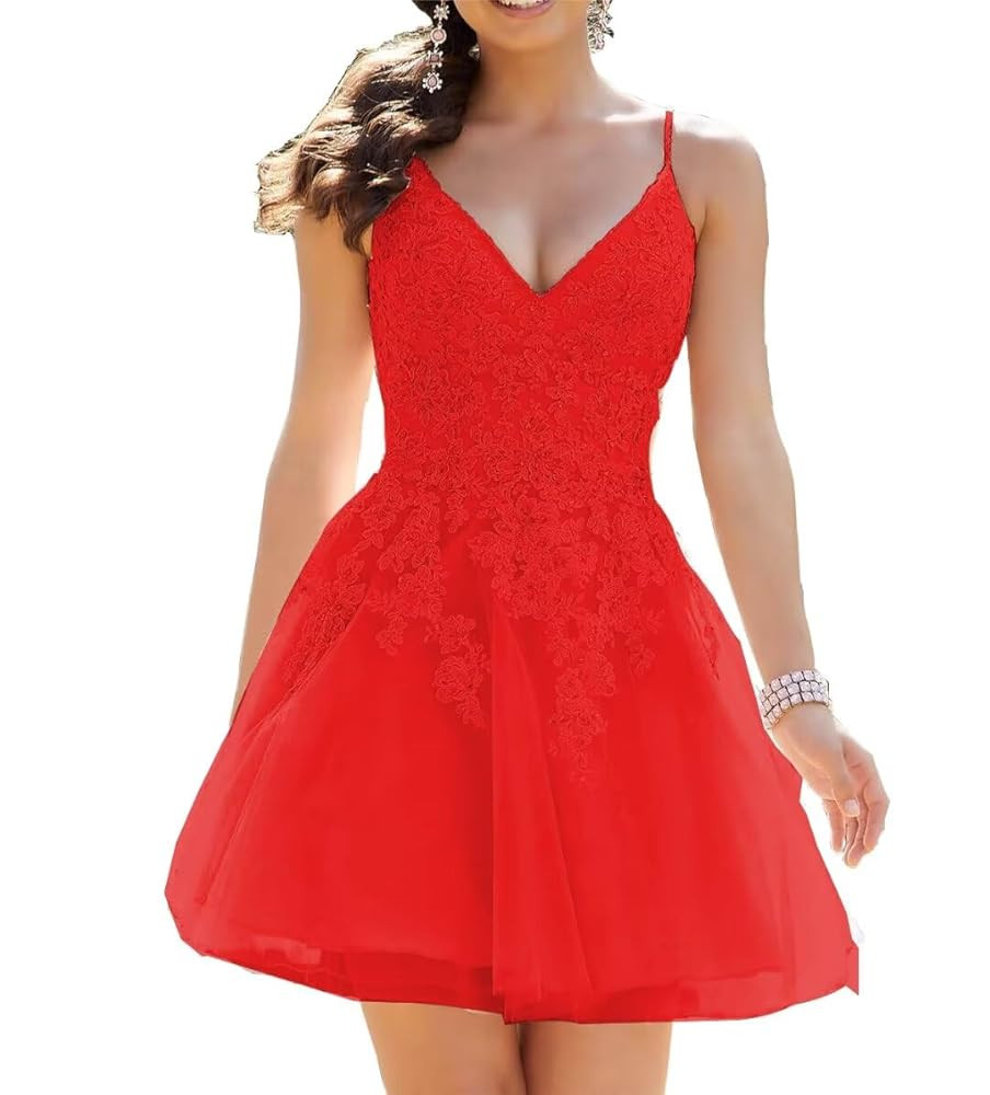 Spaghetti Straps Homecoming Dress V Neck Lace Appliques Short Prom Dresses Tulle Sweet 16 Party G... | Amazon (US)