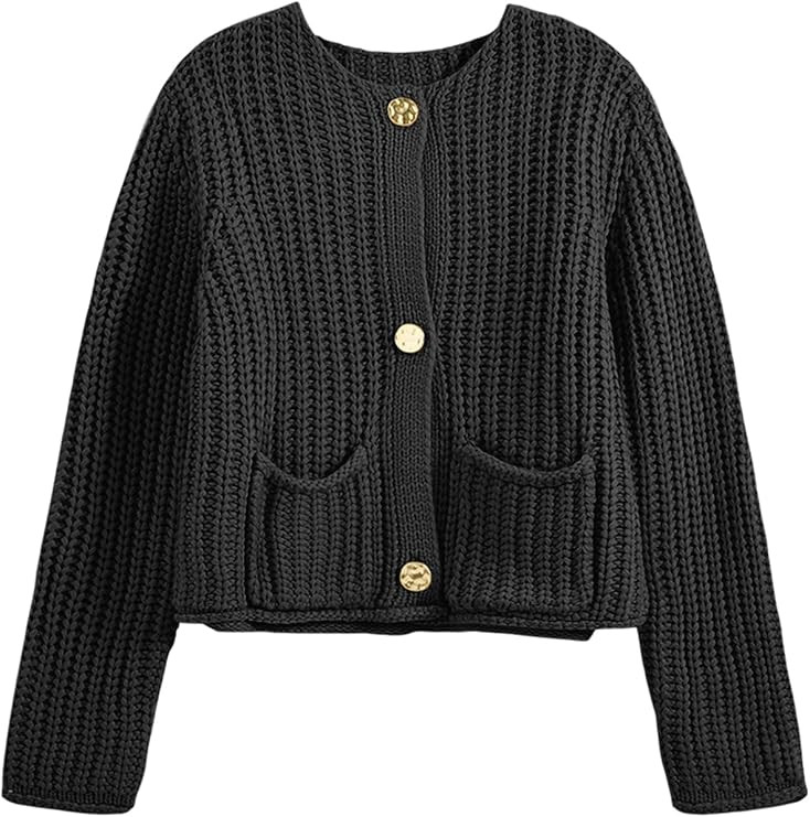 Saodimallsu Womens Button Up Sweaters Fall Chunky Knit Cropped Trendy Crewneck Loose Cardigan wit... | Amazon (US)