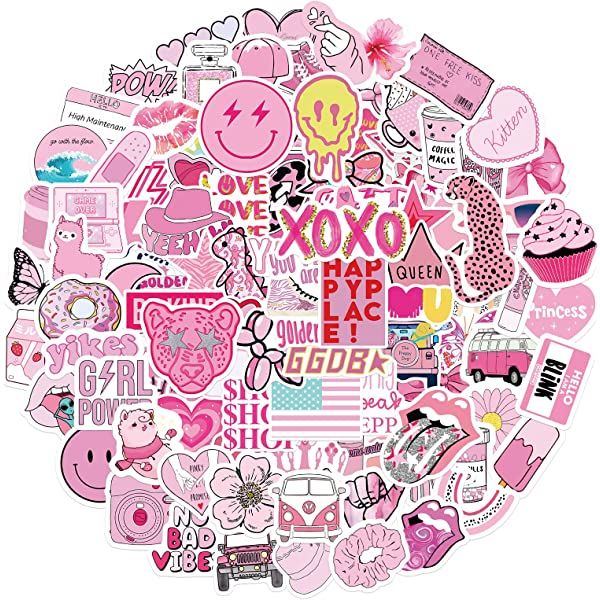 Pink Preppy Style Stickers 50pcs Valentines Day Gifts Pink Girl Laptop Computer Bedroom Wardrobe Car | Amazon (US)