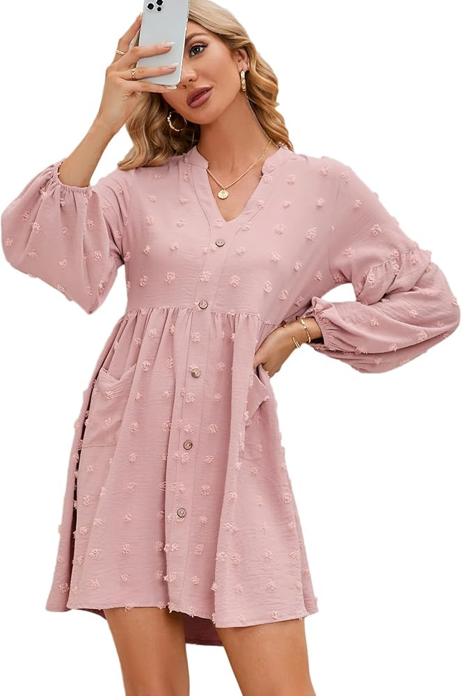 KOJOOIN Womens Long Sleeve Mini Dress V Neck Swiss Dot Button Down Casual Loose Flowy Babydoll Dr... | Amazon (US)