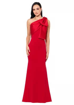 Betsy & Adam Women's Long Scuba Crepe Bow Satin Gown | Belk