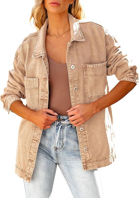 luvamia Denim Jacket for Women Trendy Oversized Button Down Jean Jacket Long Sleeve Slit Hem Shac... | Amazon (US)