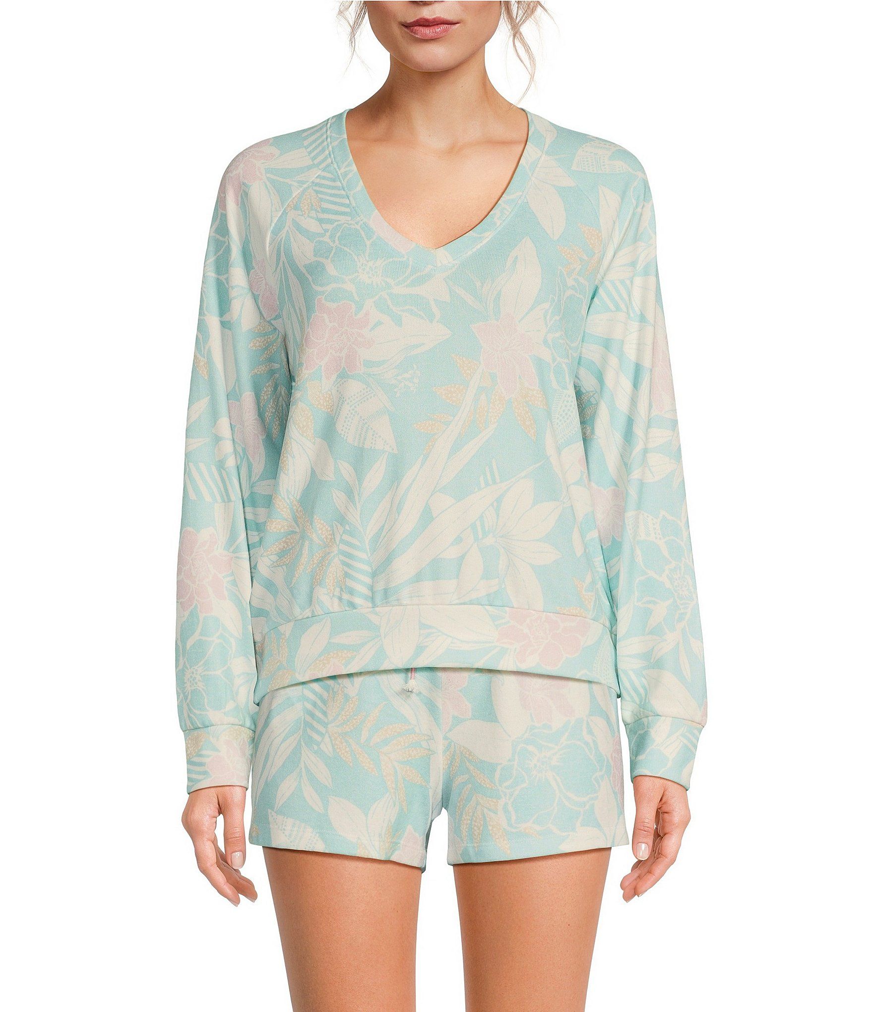 Pj Salvage Long Sleeve V-Neck Coordinating Peachy Knit Floral Print Sleep Top | Dillard's
