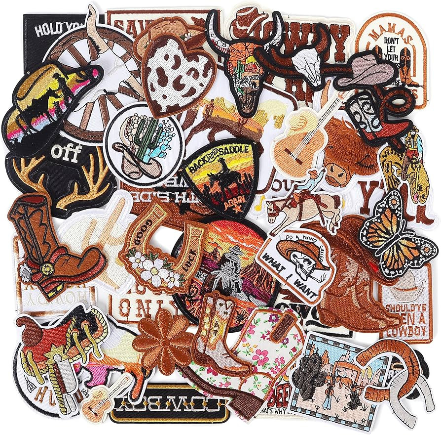 Western Embroidered Iron On Patches for Hats: Meneng 45Pcs Cowboy Sew On Applique Patches for Jac... | Amazon (US)