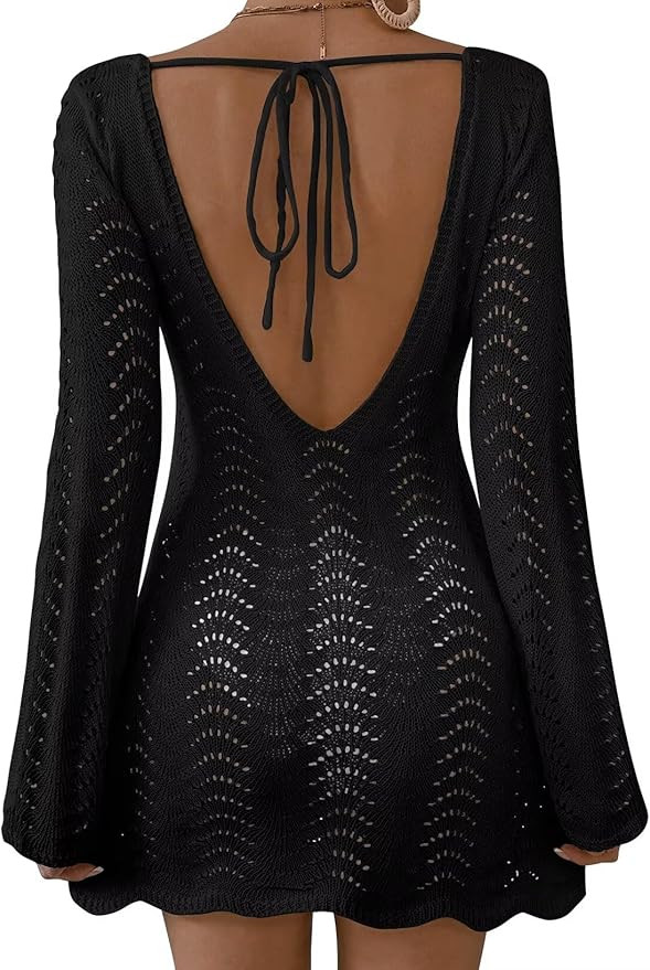 Womens Swimsuit Cover Up Long Sleeve Crochet Bathing Suit Mesh Backless Cover Ups Summer Beach Va... | Amazon (US)
