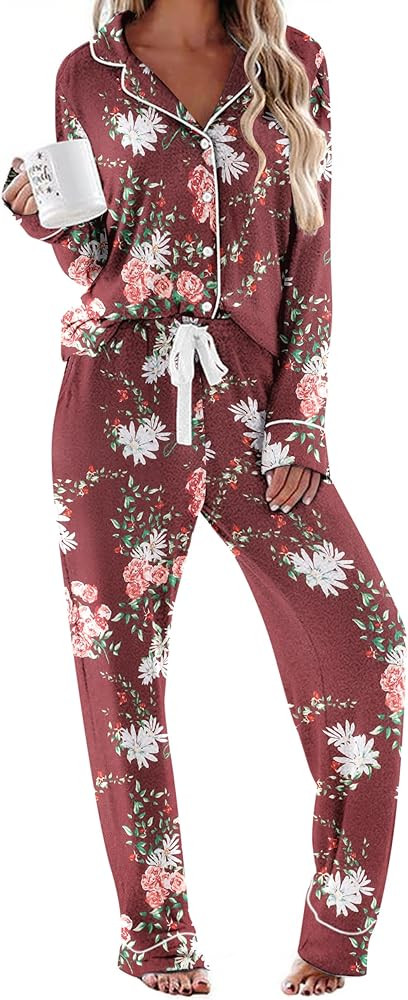 Ekouaer Women's Pajamas Long Sleeve Sleepwear Casual Button Down Loungewear Soft Pjs Set S-XXL | Amazon (US)