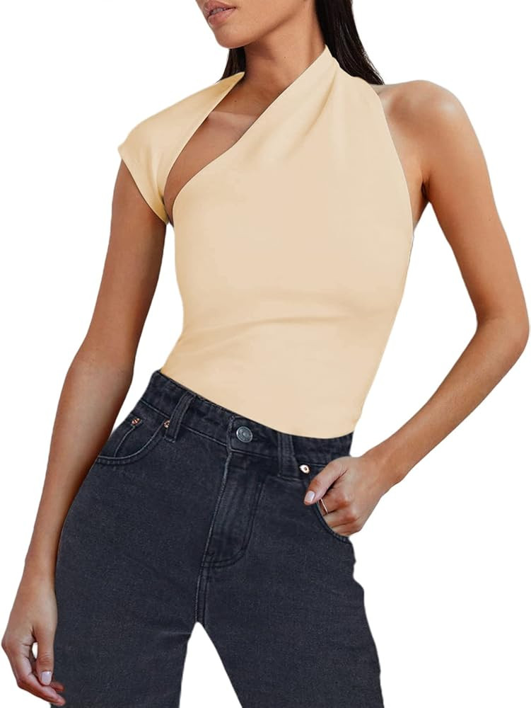 SOFIA'S CHOICE Women's One Shoulder Top Cut Out Backless Going Out Tops T Shirt Beige Small | Amazon (US)