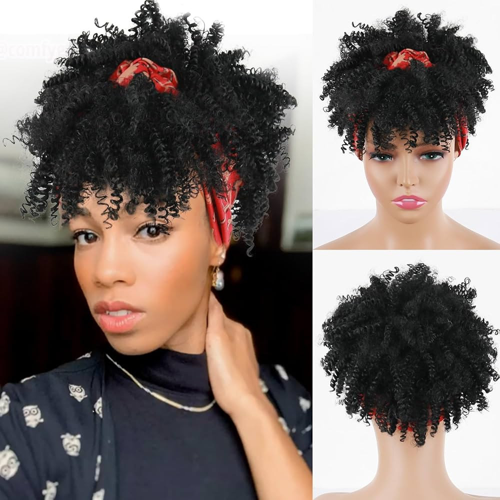 LEOSA Black Kinky Headband Wig Afro Curly Headband Wig with Bangs for Women Synthetic Afro Kinky ... | Amazon (US)
