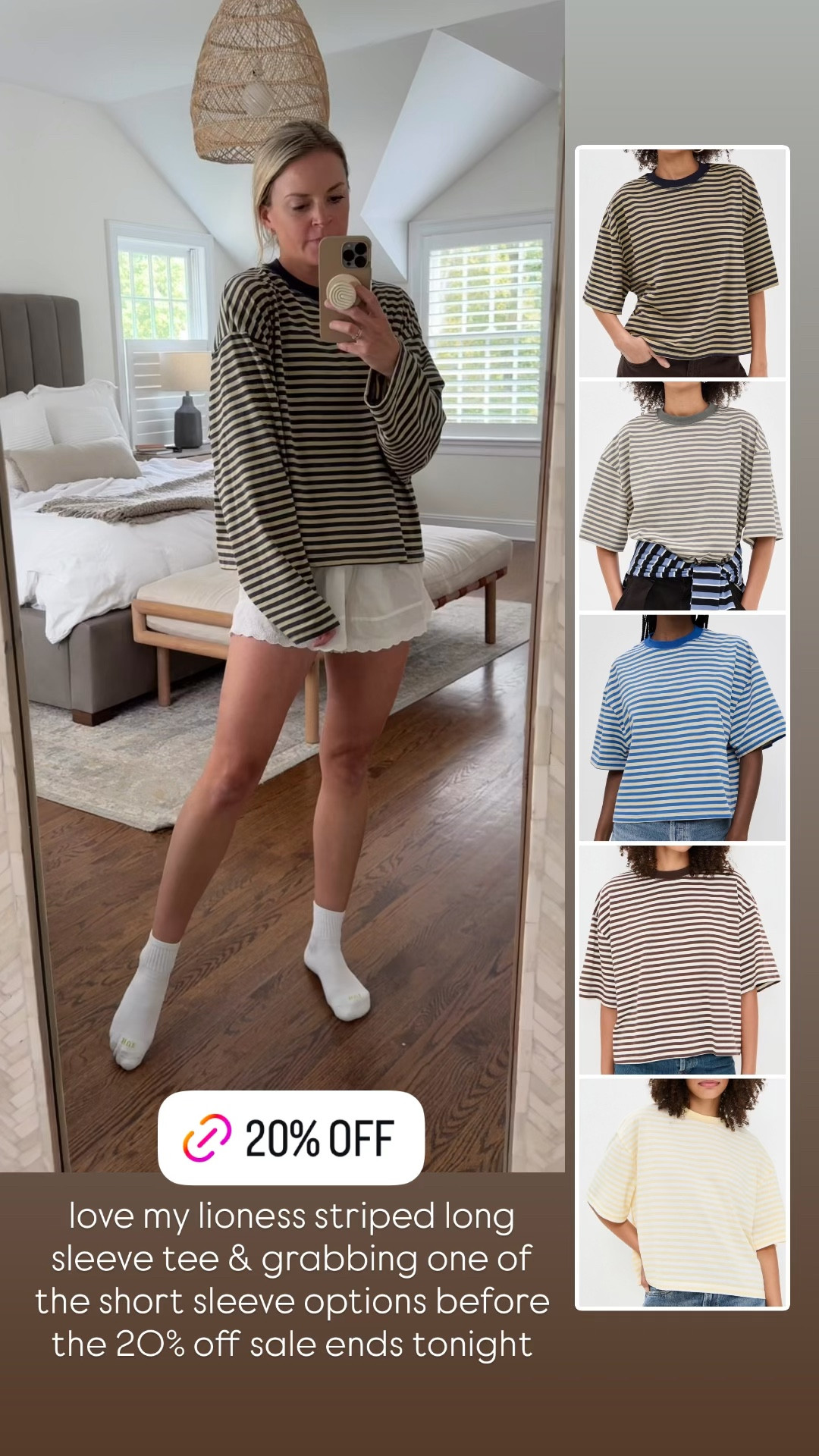 Lioness striped tee 20% off during the Shopbop sale - ends tonight!! I went tts/small, but go down 1 size if you prefer less oversized. I’m ordering a short sleeve tee before the sale ends 