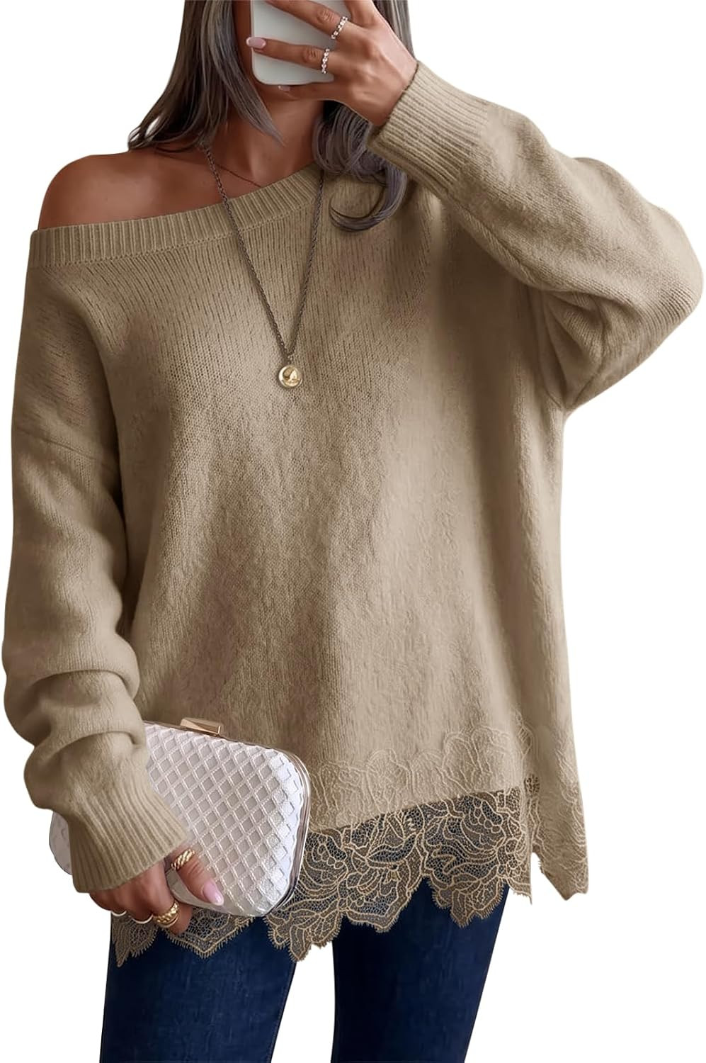 Saodimallsu Womens Lace Patchwork Sweater Long Sleeve Boat Neck Pullovers | Amazon (US)