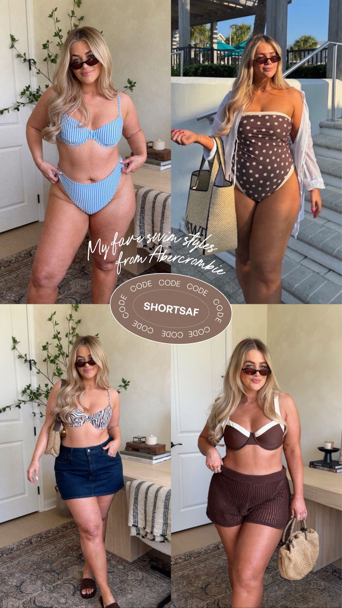 Some of my fave swim styles from @abercrombie are on sale🩵 Use code ‘SHORTSAF’ for additional 15% off. Some of these styles have new patterns this year. See sizing below!

All bikini tops- large 
All bikini bottoms- XL
Brown one piece- large
Denim skirt- 32


#LTKMidsize #LTKSwim #LTKSaleAlert