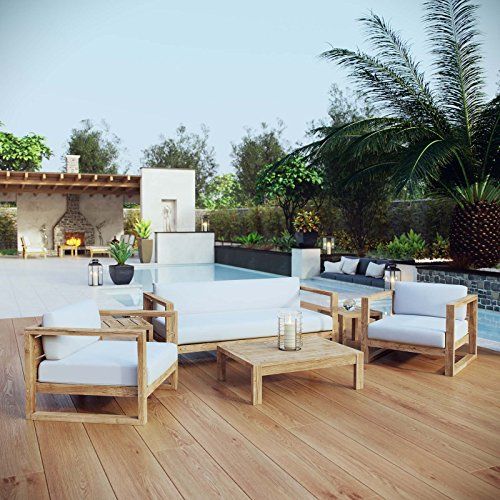 Modway Upland Teak Wood Outdoor Patio 6-Piece Sectional Sofa Set with Cushions in Natural White | Amazon (US)