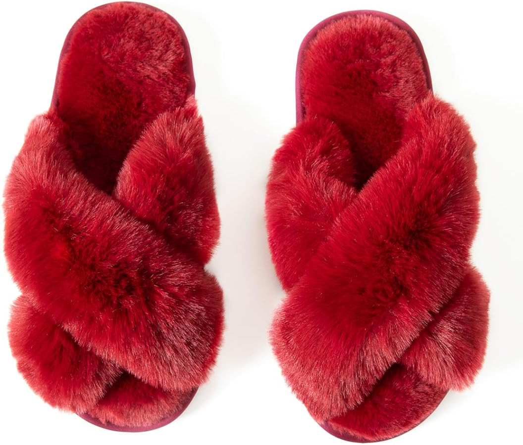 Women's Cross Band Fuzzy Slippers Fluffy Open Toe House Slippers | Amazon (US)