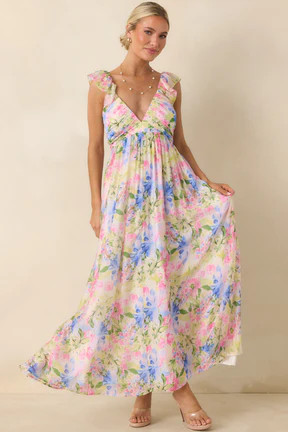MINKPINK Celina Multi Watercolor Floral Ruffle Maxi Dress | Red Dress
