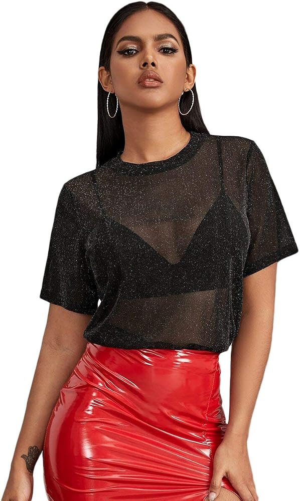 MakeMeChic Women's Summer Short Sleeve Tops See Through Mesh Sheer Sexy T Shirt Blouse | Amazon (US)