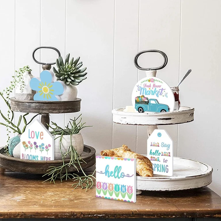 Easter Decorations- Wood Tiered Spring Decorations Spring Kitchen Decor Tray Flat Tiered Decor Mi... | Walmart (US)