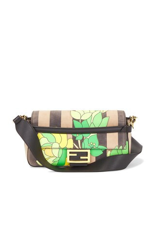 Fendi Nubuck Pequin Floral Baguette Shoulder Bag in Brown | FWRD 