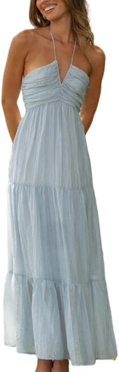 HOULENGS Women's Summer Sleeveless Halter Neck Boho Long Dress Backless Ruffle Hem Tiered Flowy M... | Amazon (US)
