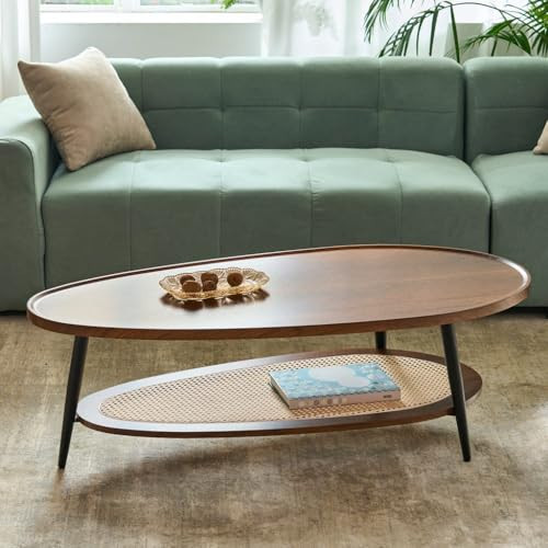 AGV LIGHTING Oval Coffee Table with Storage Shelf, 47" Mid Century Modern Coffee Table for Living Room, Walnut Wood Finish MDF Top with Rattan Shelf | Amazon (US)