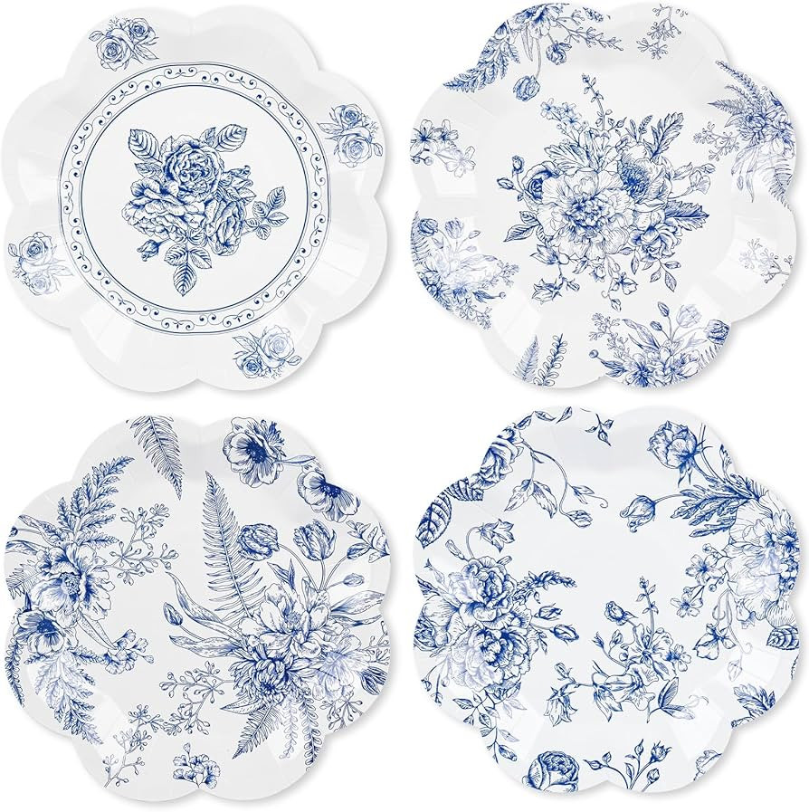 80Pcs Blue Floral Paper Plates Blue and White Floral Plates Disposable Blue Flower Scalloped Deco... | Amazon (US)