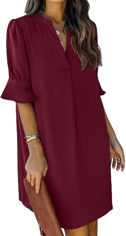 QACOHU Summer Dresses for Women V Neck Ruffle Short Sleeve Casual Shift Dress | Amazon (US)