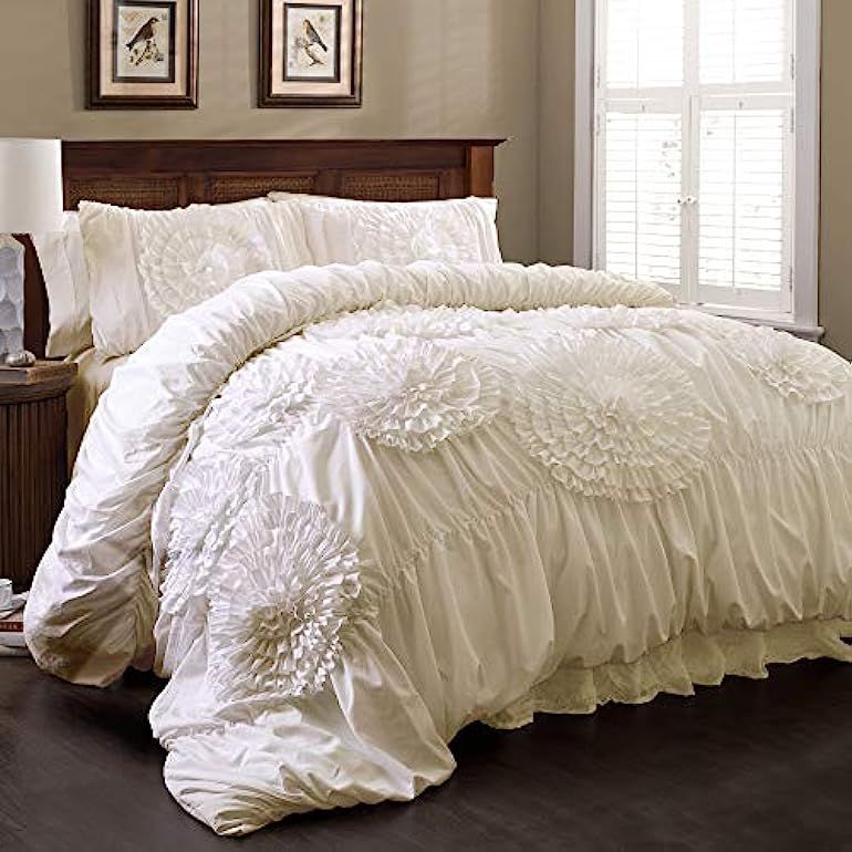 Lush Decor Serena Comforter Ivory Ruched Flower 3 Piece Set, Full/Queen | Amazon (US)