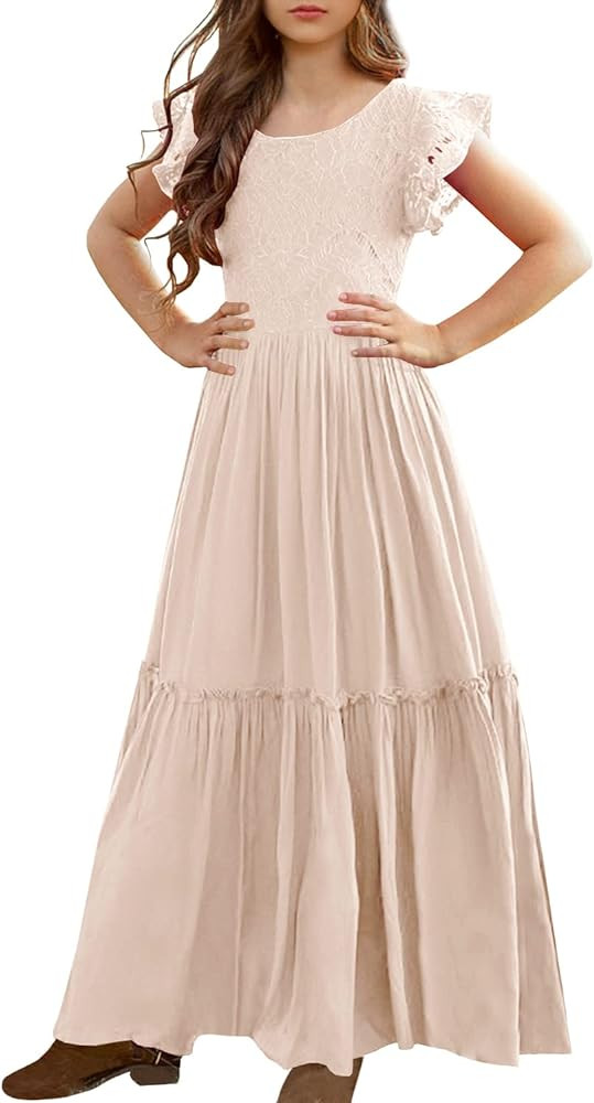 MITILLY Girls Lace Flower Ruffle Sleeve A-Line Swing Wedding Party Maxi Dress with Pockets | Amazon (US)