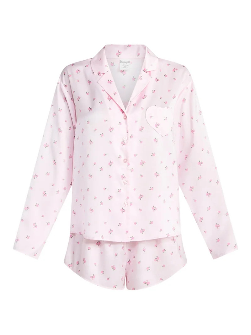 No Boundaries Sleepwear Satin Long Sleeve Button-Up Top and Shorts Set, 2-Piece, Women’s XS-XXL | Walmart (US)