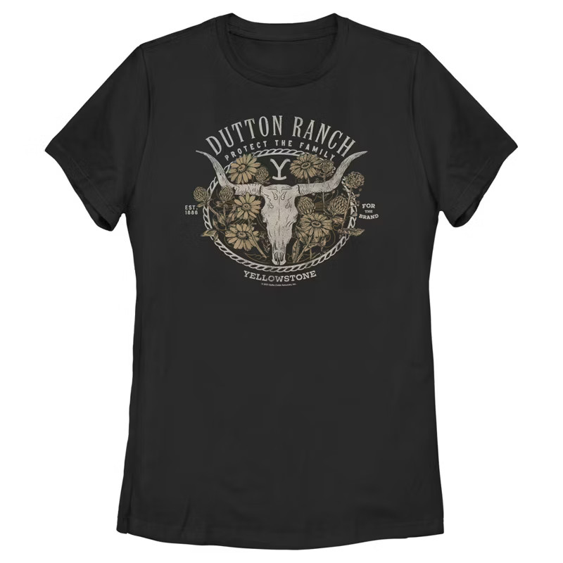 Women's Yellowstone Cow Skull and Flowers Protect The Family T-Shirt | Target