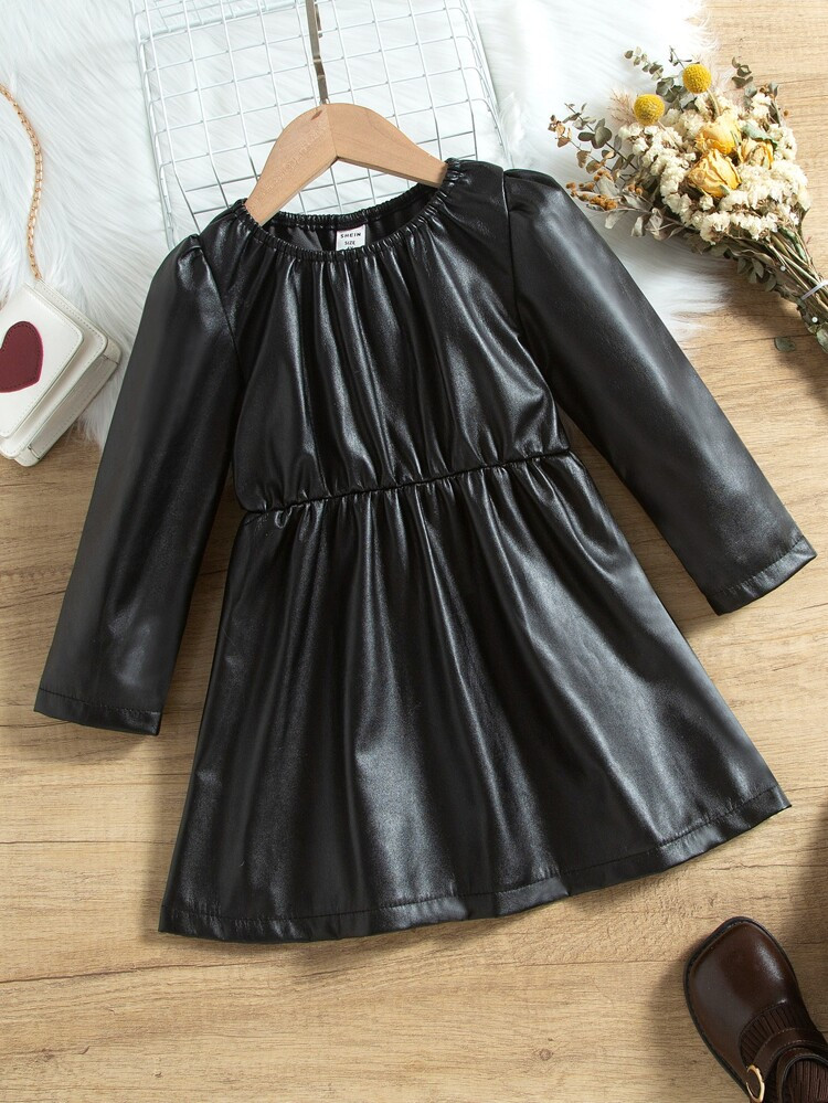 Toddler Girls Puff Sleeve PU Dress | SHEIN