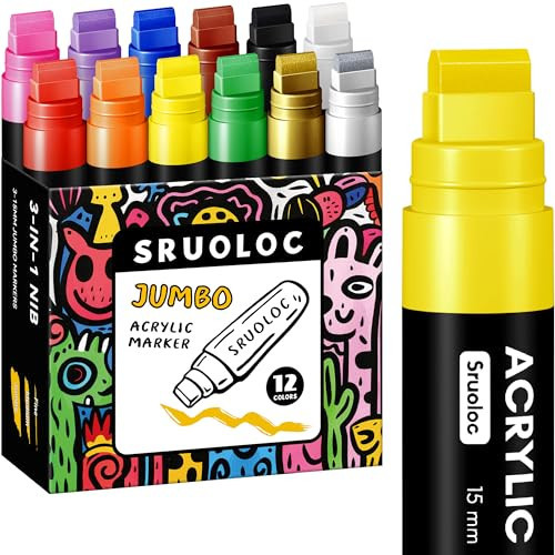 SRUOLOC 12 Colors Jumbo Markers, 15mm Jumbo Felt Tip, Acrylic Paint Markers for Rock Painting, Poster, Stone, Ceramic, Glass, Wood, Canvas | Amazon (US)