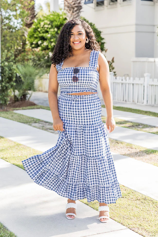 Sitting Parkside Navy Gingham Maxi Skirt | Pink Lily